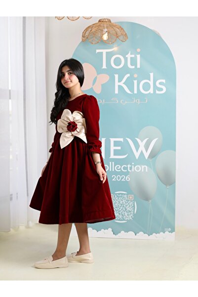 Totikids Girls' burgundy velvet dress with a large bow | Luxurious winter dre...