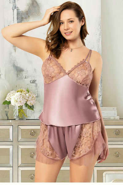 Homay 2'li Büyük Beden Dantel İşlemeli Tül Paçalı Şortlu Saten Pijama Takımı
