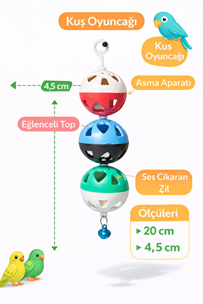 Papağanhane لعبة طائر معلقة بثلاث كرات مع جرس |   لعبة قفص الطيور والببغاء