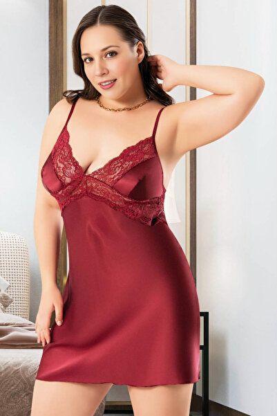 Homay Plus Size Lace Detailed Satin Nightgown