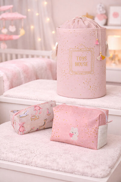 PONÇİK BEBEK Baby Room Clothes Dirty Basket-Toy Basket Set & Baby Pink Color ...
