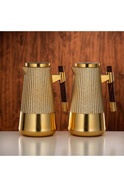 Almarjan Vacuum Flask Set 1 L + 1 L Matt Gold & Matt Dark Wood