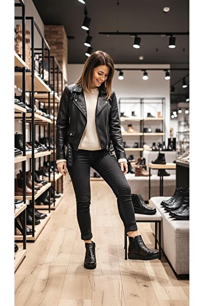 PUNTO 362126 Black Genuine Leather Elastic Zippered Short Boots'Heel 4 cm'