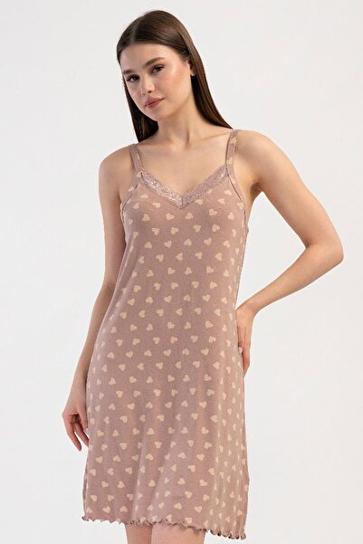 VİENETTA Women's Plus Size Thin Strap Lace Detailed Powder Pink Nightgown Tun...