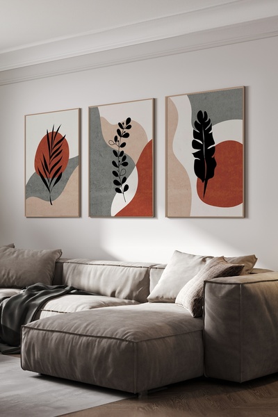 acargrafik Bitki Tasarımlı 3'lü Doğal Ahşap Çerçeveli Tablo