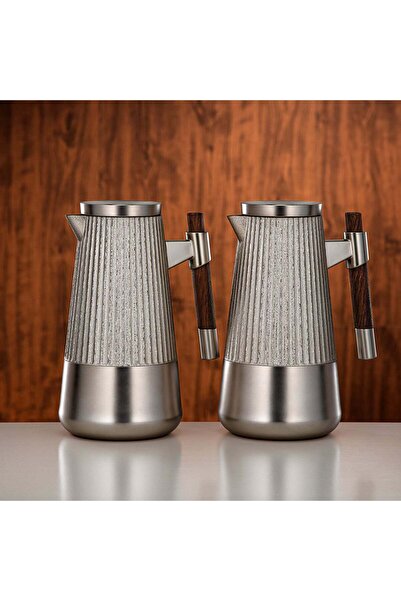 Almarjan Vacuum Flask Set 1 L + 1 L Matt Nickel & Matt Dark Wood