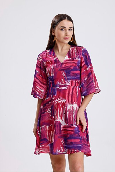 VELİZADE Rochie de damă cu model fucsia, cu decolteu în V, model evazat, supr...