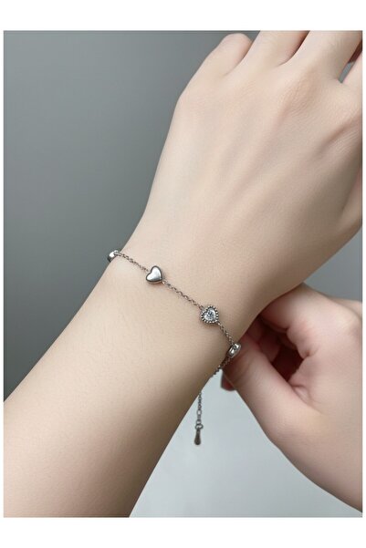 ATALYA ACCESSORY Heart and Stone Anti-Tarnish Steel Bracelet with Minimal Hea...