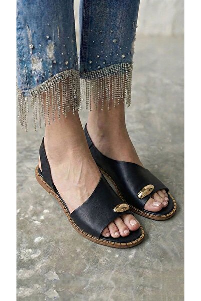 Modanizm Zania Black Wedge Heeled Sandals