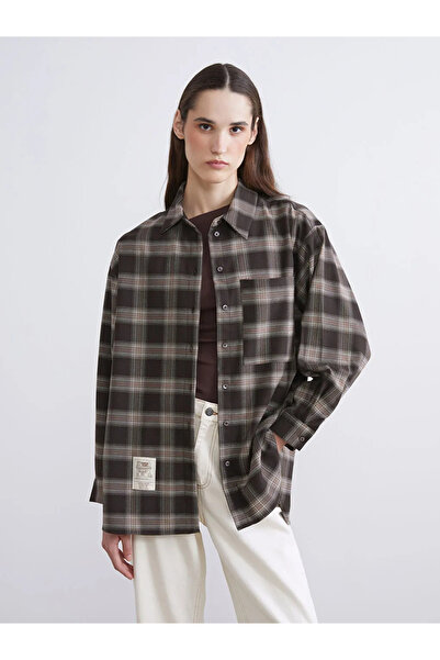 LC Waikiki LCW Modest Kahverengi Ekose Oversize Poplin Kadın Gömlek Tunik