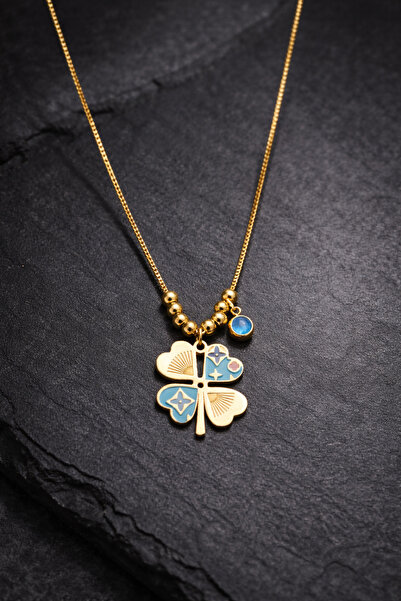 Lunas Bijuteri Paslanmaz Çelik Dört Yaprak Yonca Kolye – Mavi/Beyaz Mineli, G...