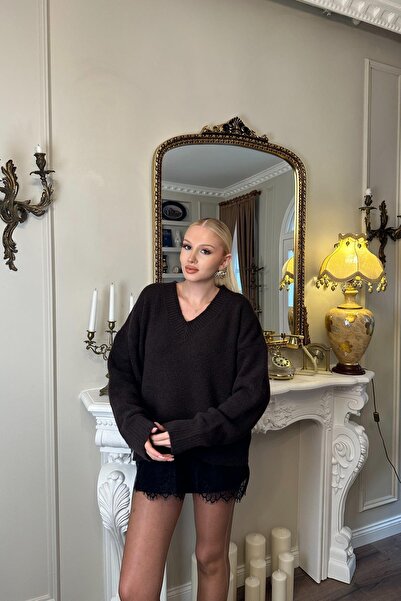 lizge giyim Lace Detail V-Neck Tricot Sweater