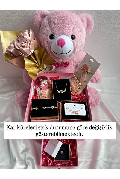 Lavienta Sevgililer Gününe Özel Ayıcıklı (50cm), Çekmeceli Pembe Kutu Gold Takı
