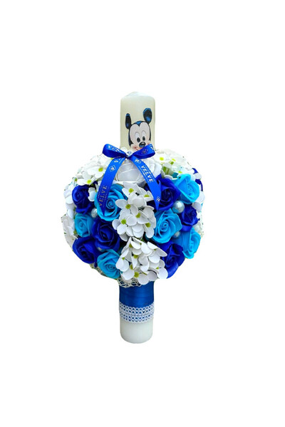 velve Lumanare de botez cu Mickey Mouse, hortensii, trandafiri din sapun si p...