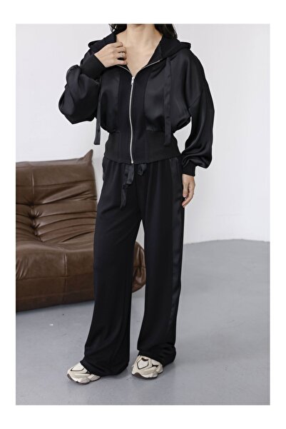 Elif Özbey Butik Siyah Saten Detaylı Fermuarlı Takım