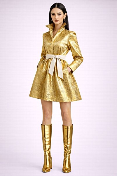 UNTIMELY Gold Mini Shirt Dress with Belt Detail