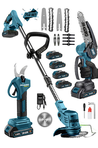 Dragro 3 Lü Bahçe Seti 4 Akü Otomatik Yağlı Testere + Dal Kesme Makası + Akül...