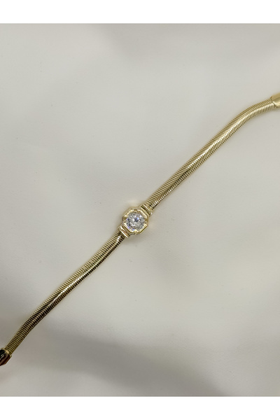 Home Baget Taş Detaylı Balık Sırtı Zincir Kadın Bileklik | 14K Çelik Üzeri Çi...