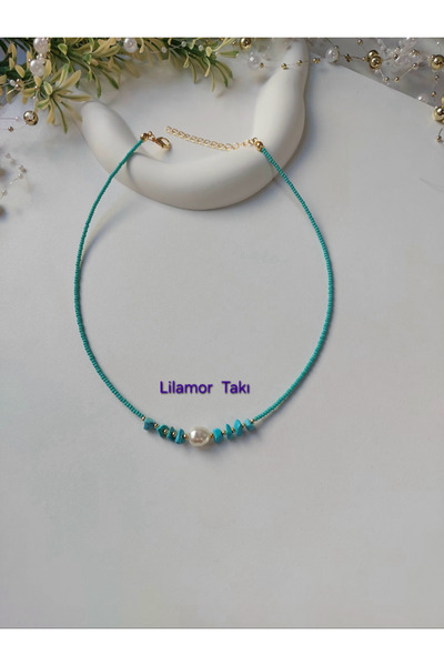 Lilamor Turquoise Natural Stone Pearl Detailed Sand Bead Necklace