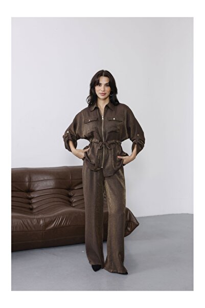 Elif Özbey Butik Kahverengi Simli Bel Bağlamalı Takım