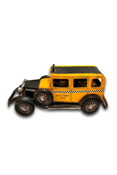 Antika Teneke El Yapımı Sarı Taksi - Büyük Klasik N.Y.C Taxi Model Araba - Nostaljik Dekoratif Obje