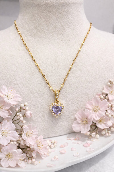 Yush aksesuar LİLA KALPLİ KADIN GOLD ÇELİK KOLYE