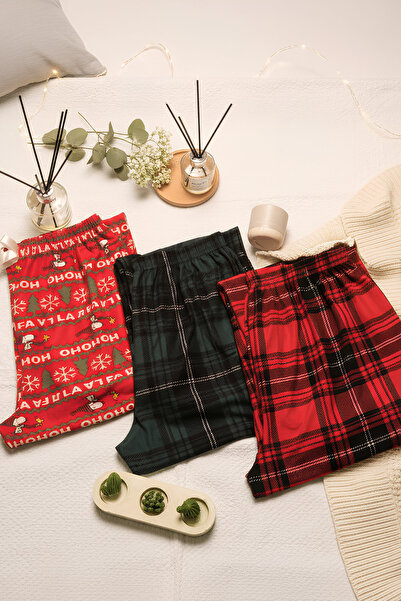 Pijahane Green & Red Black Plaid and Christmas Patterned Women's Pajama Botto...