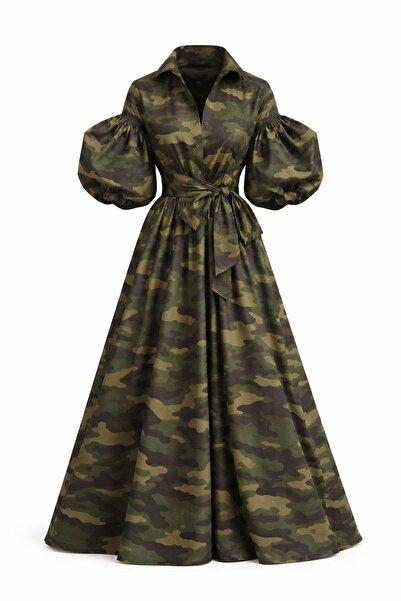 MERT ERKAN Balloon Sleeve Detailed Camouflage Poplin Maxi Stylish Event Dress