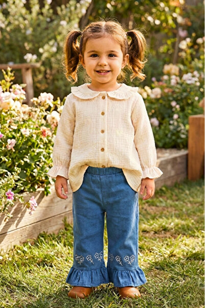 Gebelog Kız Çocuk Müslin Gömlek & Nakışlı Fırfırlı Alt 2'li Takım