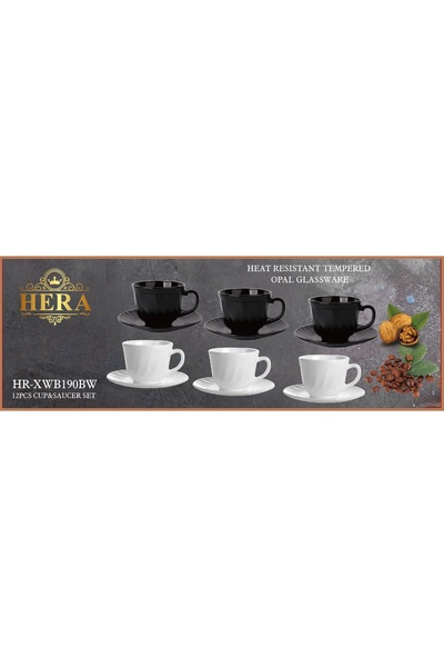 HERA Set of 6 cups + 6 heat-resistant opal plates 190 ml, black and white model