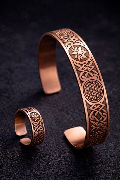 İyyaKee Erkek Kadın Bakır Bileklik Yüzük Seti Lotus ve Yaşam Çiçeği Motifli S...