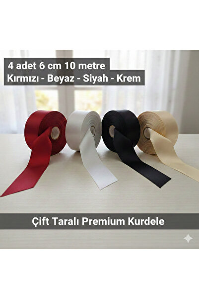 serap çiçekçilik Premium Çift Taraflı Saten Kurdele Seti - 4 Renk (Kırmızı, B...