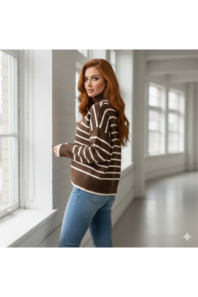 Amisu Pulover Cu Guler Inalt, Oversize, In Dungi Maro și Albe Stil Modern