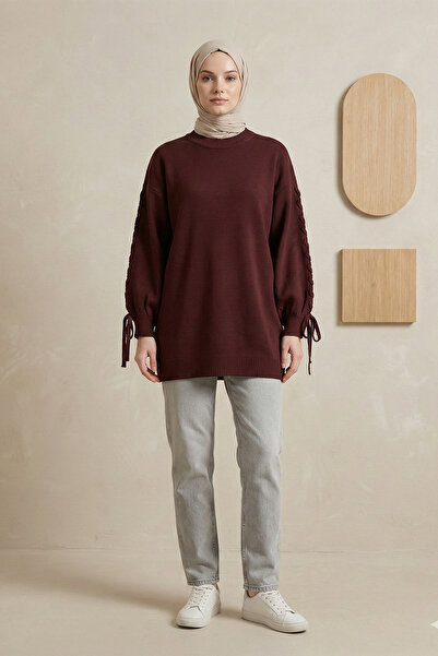 Kirazgym Women's Knitted Round Neck Knitwear Tunic with Sleeve Detail - Dark ...