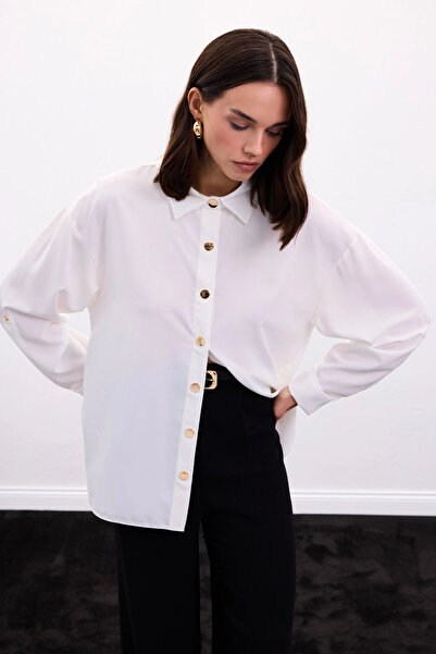 Sateen Snap Detailed Shirt - Ecru