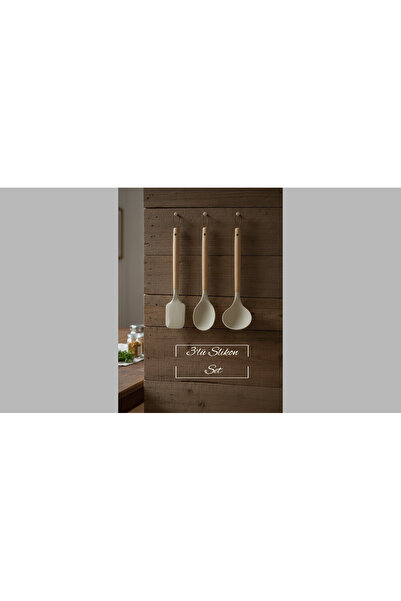 EVİMDM 3-Piece Wooden Handle Silicone Kitchen Serving Set – Heat Resistant
