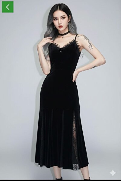 Karakedi Gothic Style Lace Slit Detailed Crusader Midi Length Velvet Dress