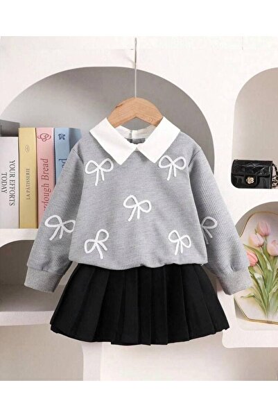 Pinkitokids Ribbon Embroidered Transitional Blouse and Pleated Skirt Girl's S...
