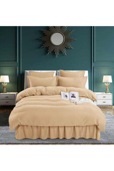 JOJO Set Bed Linen Cotton Finet with Ruffles, 6 Pieces, Double Bed, Beige