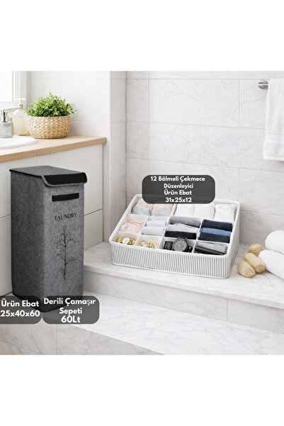 PONÇİK BEBEK Kirli Çamaşır Sepeti 60Lt Banyo Düzenleyici & 12 Bölmeli Çekmece...