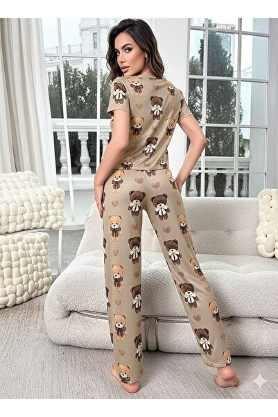 MİMİ PİJAMA Γυναικείο σετ πιτζάμες με κοντά μανίκια καφέ αρκουδάκι