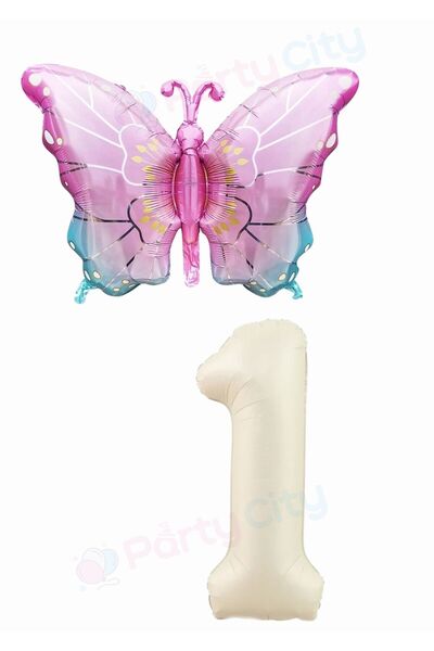 Party City 1 Year Old Birthday Balloon Set with Butterfly Figure, Cream Color...