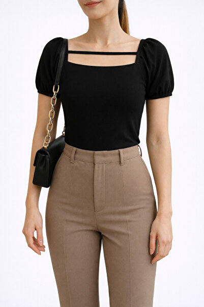 Cuyka Women's Square Neck Strap Detailed Short Sleeve Blouse