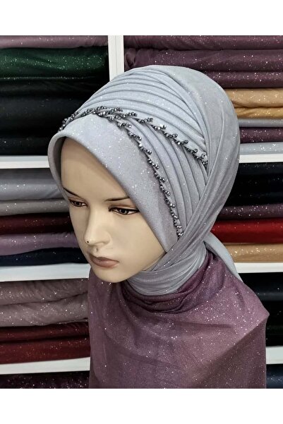 semahazırduvak açık gri simli işleme detaylı model hazır türban hazır şal abi...