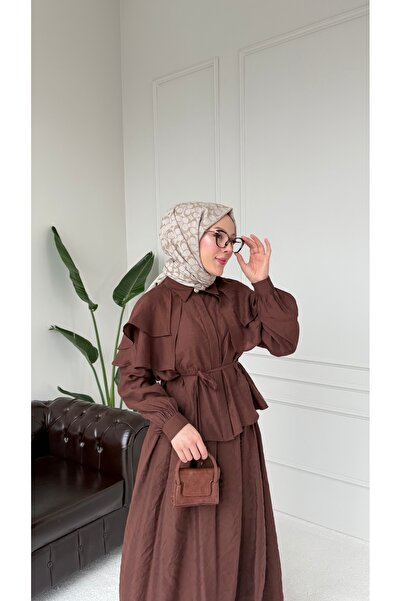 merve ada design Pelerin Detaylı Tesettür Etekli İkili Takım