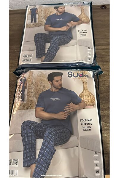 Sude 384 Men's 95% Cotton Short Sleeve Men's Pajama Set - Light Navy Blue