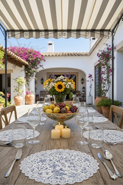 Rona Home Set de veselă americană și supla, cu model vintage, albastru și alb...