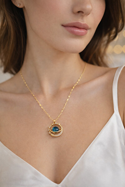 LOREZIA Ay Yıldız Gezegen Satürn Kadın Kolye - Altın Kaplama 316L Çelik - Pas...