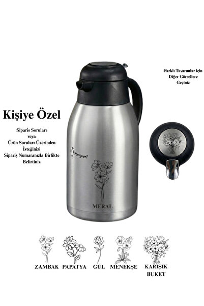 Penguen Kişiye Özel 2 Litre Çift Kat Çelik Çay Termosu Sızdırmaz Kapaklı Tasa...