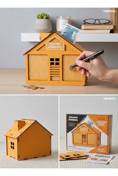 Altın express ✨   Parabox Wooden Goal Piggy Bank - 10,000 Tl Savings Motivation Box (Home Design)